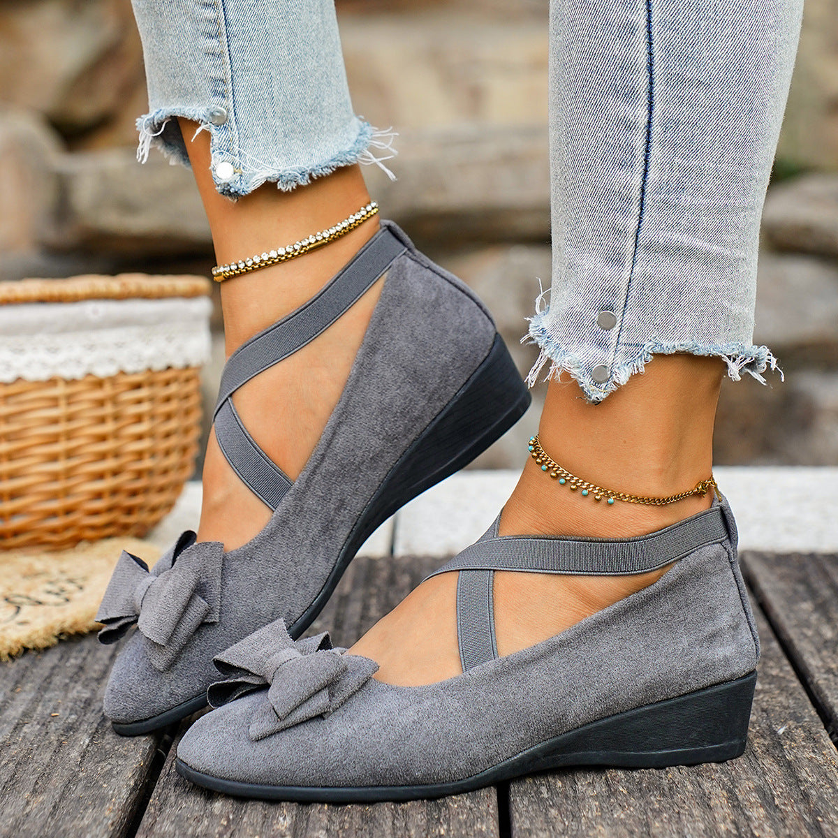 Bootara Women’s Elara Bow Suede Wedge Loafers – Elastic Cross-Strap Comfort Slip-Ons (US 5–10.5)