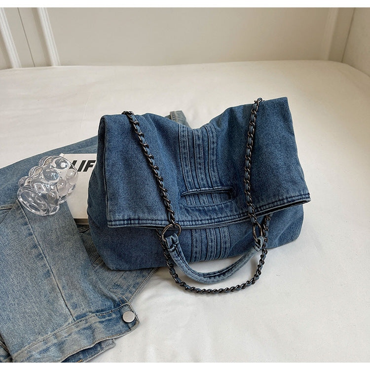 Bootara Women's Vintage Denim Tote Bag with Chain Strap – Structured Large-Capacity Crossbody & Shoulder Bag
