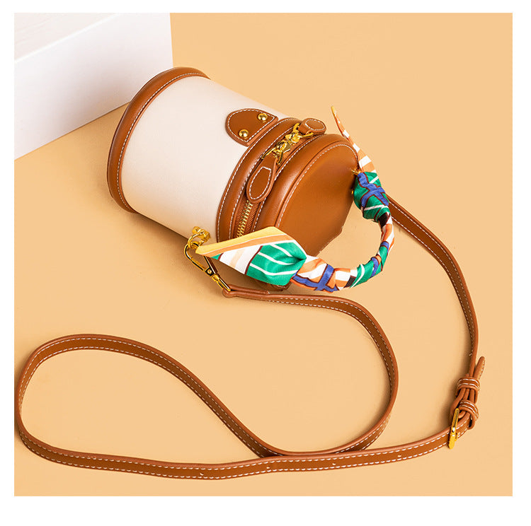 Bootara Women's Retro Color-Block Barrel Bag – Mini Cylinder Cosmetic Case with Detachable Silk Scarf & Chain Strap