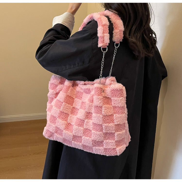 Bootara Women's Large-Capacity Plush Handbag | Trendy Quilted Chain Shoulder Bag with Patchwork Design