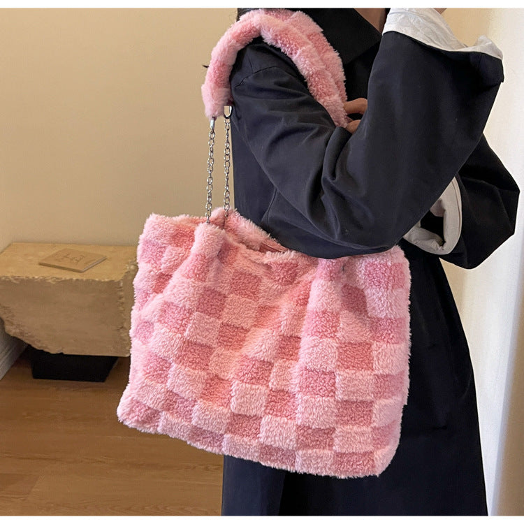 Bootara Women's Large-Capacity Plush Handbag | Trendy Quilted Chain Shoulder Bag with Patchwork Design