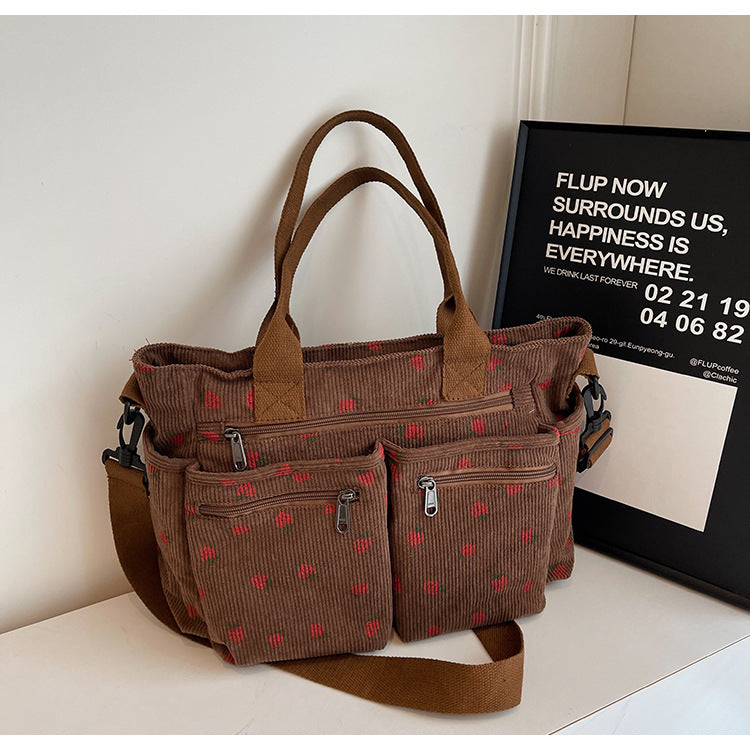 Bootara Women's Corduroy Cherry Print Tote Bag – Versatile Women's Strawberry Shoulder & Crossbody Large Capacity Mommy Bag
