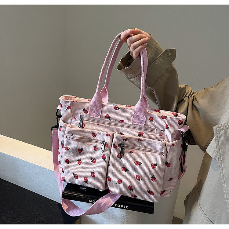 Bootara Women's Corduroy Cherry Print Tote Bag – Versatile Women's Strawberry Shoulder & Crossbody Large Capacity Mommy Bag