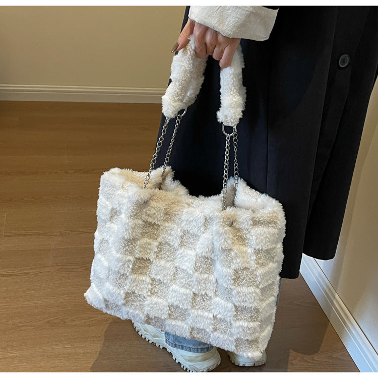 Bootara Women's Large-Capacity Plush Handbag | Trendy Quilted Chain Shoulder Bag with Patchwork Design