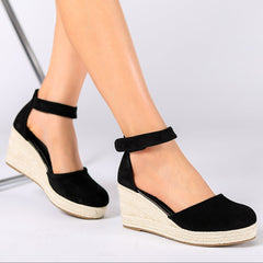 Bootara Women's Elodie Closed-Toe Espadrille Wedge Sandals – Velvet Platform Sandals with Adjustable Velcro Ankle Strap (US 4–10.5)