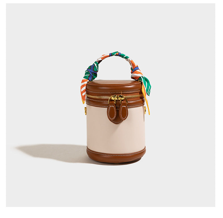 Bootara Women's Retro Color-Block Barrel Bag – Mini Cylinder Cosmetic Case with Detachable Silk Scarf & Chain Strap