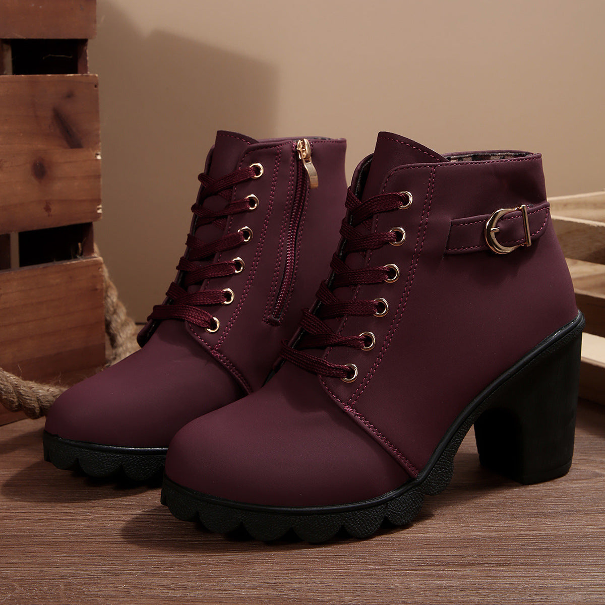 Bootara Women's Buckle Decorated Chunky Heel Ankle Boots - Side Zipper & Lace-Up Round Toe Mid-Calf Equestrian Boots (US 4-10)