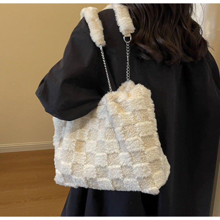 Bootara Women's Large-Capacity Plush Handbag | Trendy Quilted Chain Shoulder Bag with Patchwork Design