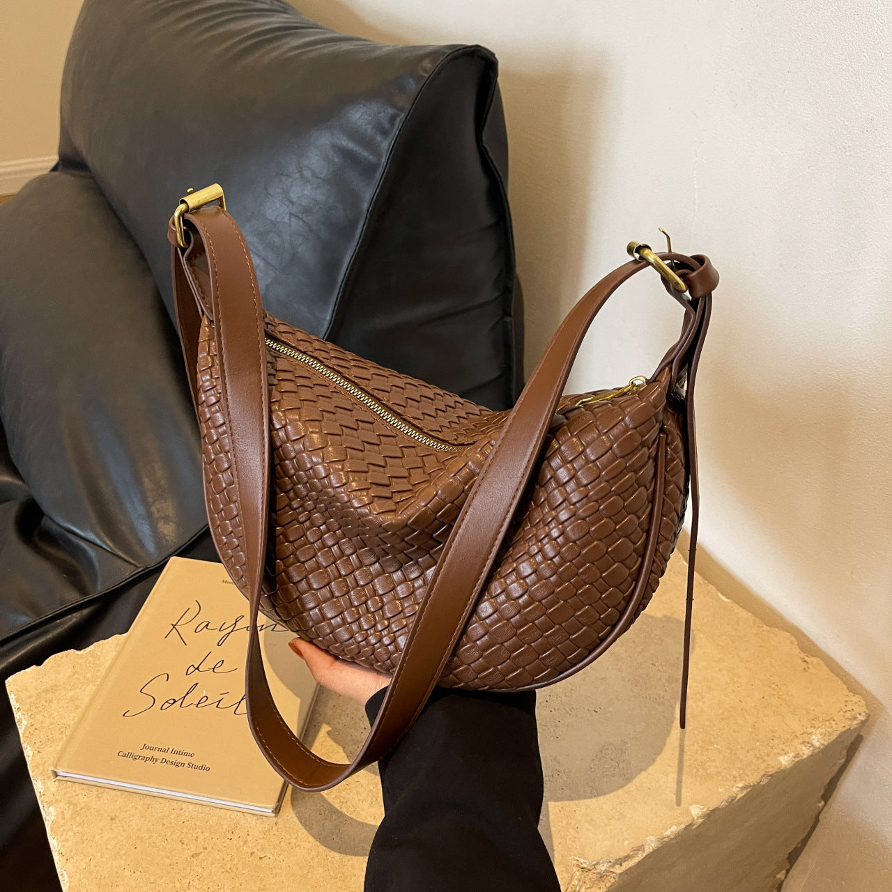 Bootara Women's Riviera Bias-Weave Crescent - Convertible Shoulder to Crossbody in French-Inspired Grain