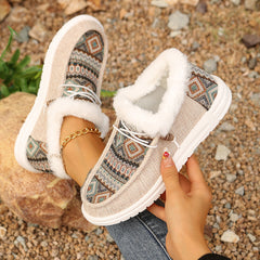 Bootara Women's Folklore Plush Flat Boots - Ethnic Print Lace-Up Winter Snow Shoes with Cozy Fleece Lining- US(5-10.5)