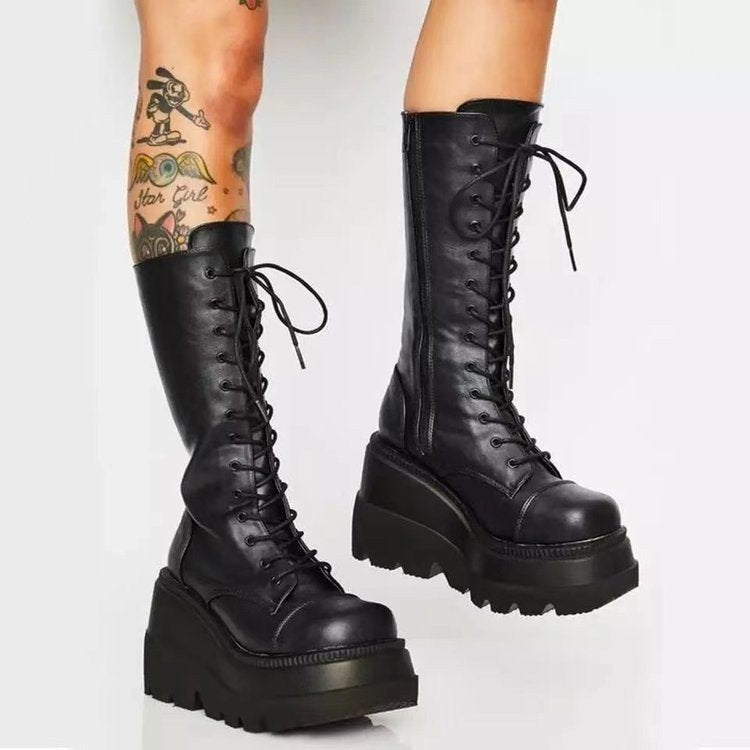 Bootara Women's GothRider Platform Mid-Calf Boots – Chunky Wedge Biker Boots (US 4–10.5)