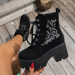 Bootara Women's Elfin Platform Ankle Boots - Embroidered Chunky Heel  Fall Winter Short Boots (US 4-10)