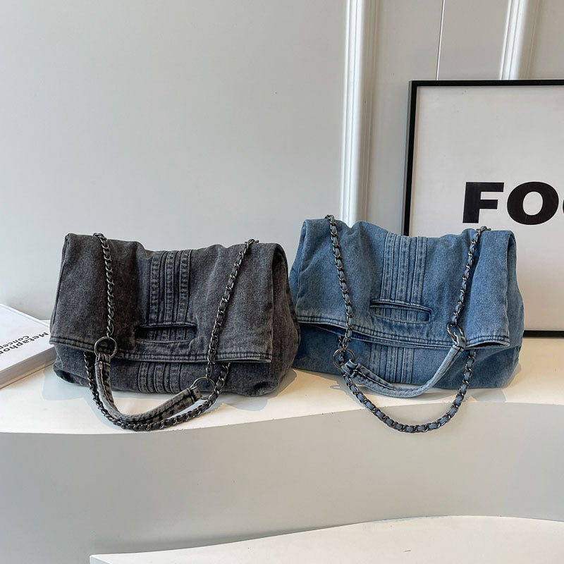 Bootara Women's Vintage Denim Tote Bag with Chain Strap – Structured Large-Capacity Crossbody & Shoulder Bag