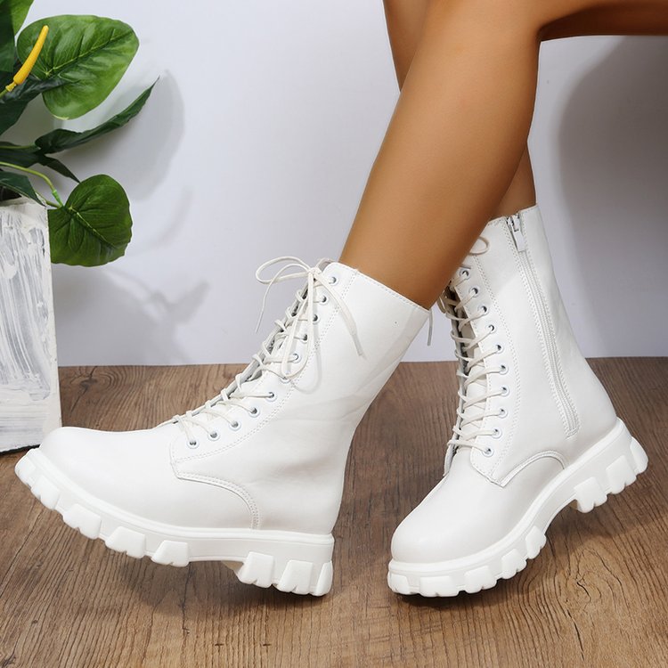 Bootara Chunky Platform Combat Boots - Lace-Up Mid Calf Boots with Side Zipper & Elastic Gore (US 4-10.5)