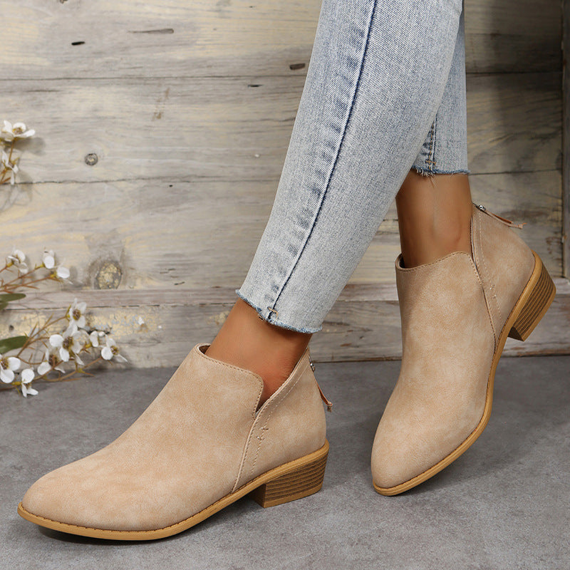 Bootara Plus Size Women's British-Inspired Solid-Color Pointed Toe Casual Fashion Boots with Rear Zipper & Low Chunky Hee