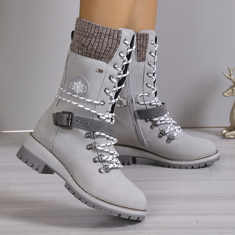 Bootara Women's Nordic Knit Combat Boot - High-Shaft Thermal Cotton Lined Snow Boots with Block Heel & Leather Accents Design (US 5-10.5)