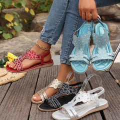 Bootara Women's Vesper Woven Bohemian Rhinestone Flat Sandals – Artisan Round-Toe Summer Sandals (US 4–10.5)