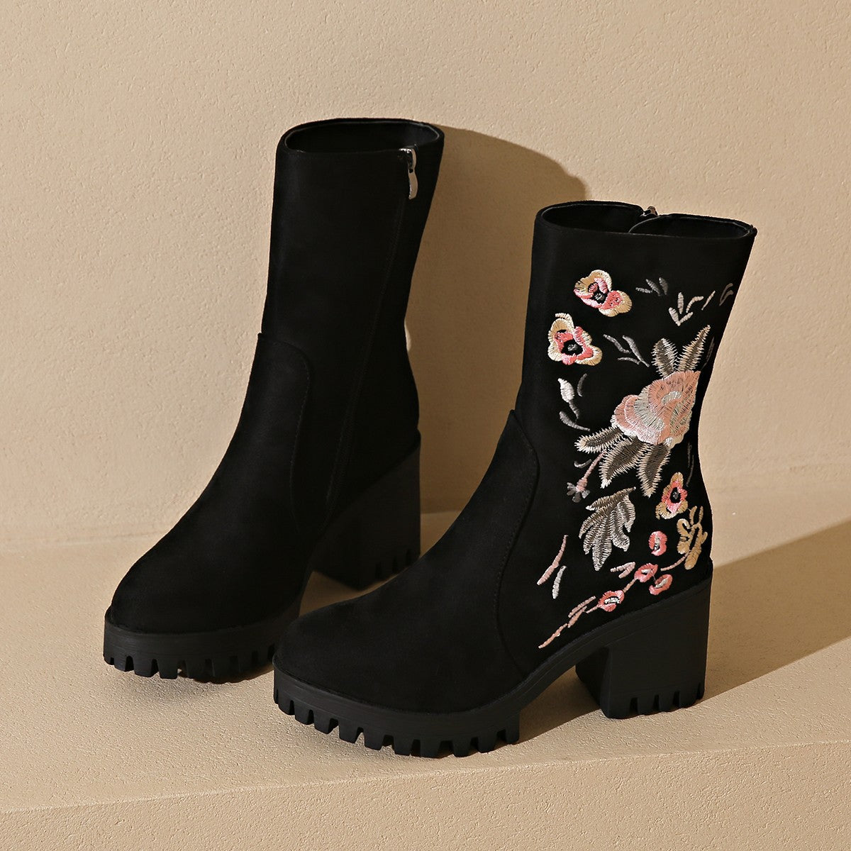 Bootara Women's Ethnic Embroidered Mid-Calf Boots - Chunky Heel Fall Winter Folk Art Boots (US 4-10)