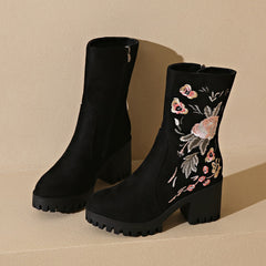 Bootara Women's Ethnic Embroidered Mid-Calf Boots - Chunky Heel Fall Winter Folk Art Boots (US 4-10)