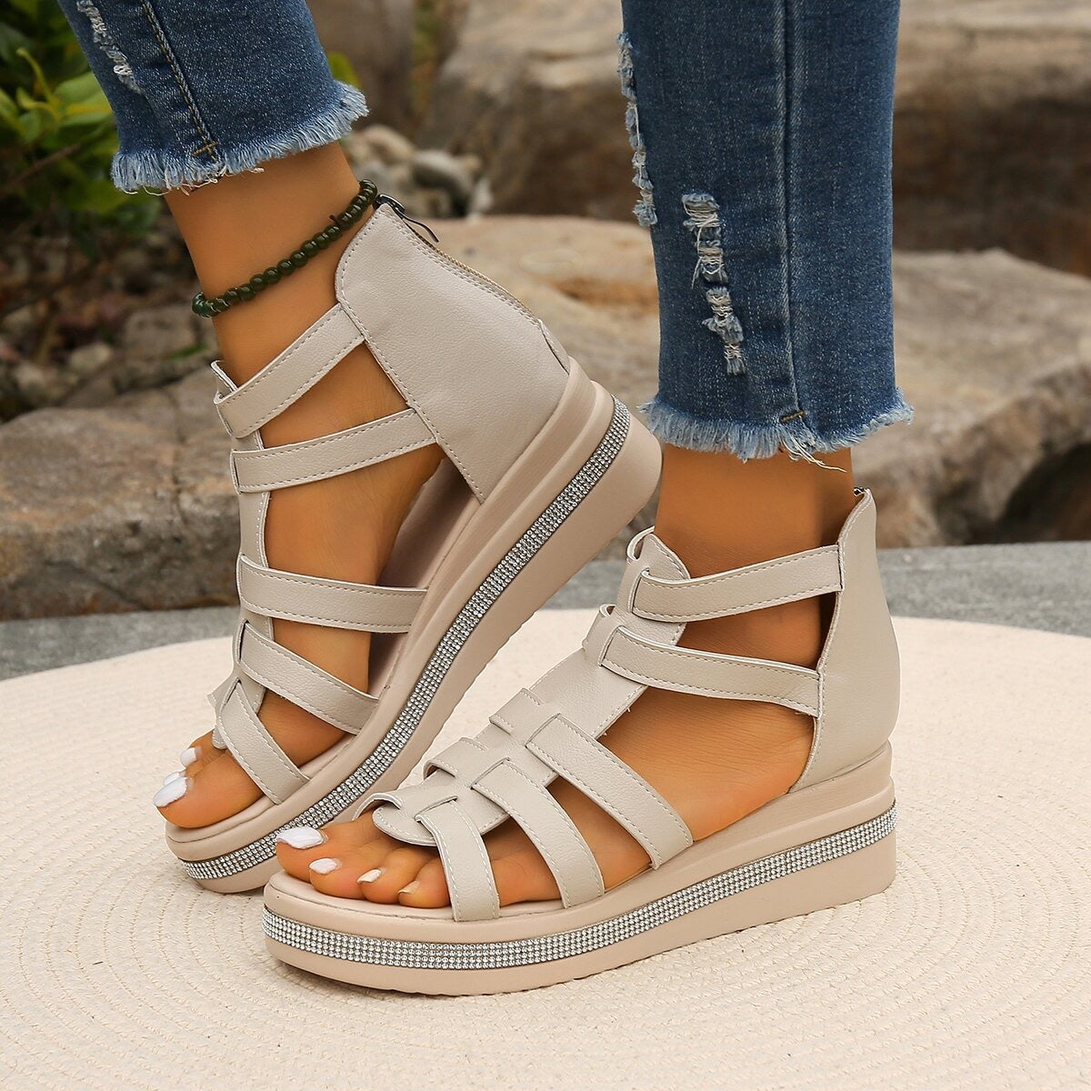 Bootara Women’s Plus Size Roman Zipper Sandals - Adjustable Ankle-Strap Slide Sandals with Height Boost for Summer
