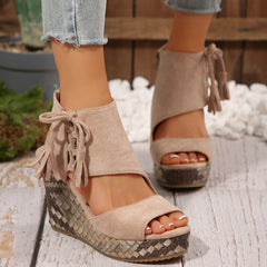 Bootara Women's Plus Size Artisan-Crafted Tassel Cork Wedge Sandals – Fishmouth Design with Non-Slip Sole