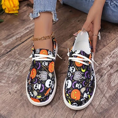 Bootara Women‘s Spooky Chic Canvas Sneakers - Halloween Pumpkin Skeleton Print Casual Shoes- US(5-9)