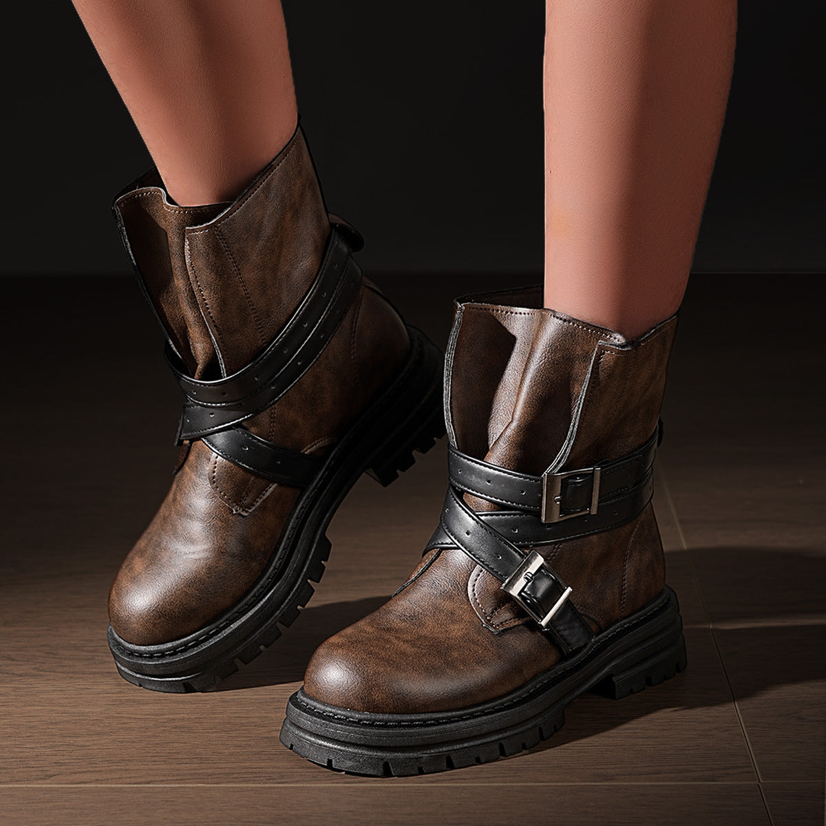 Bootara Women's Faye Adjustable Buckle Moto Boots – Round-Toe Chunky Lug Sole Boots (US 5–10.5)