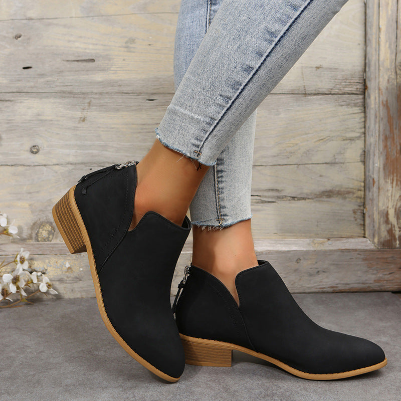 Bootara Plus Size Women's British-Inspired Solid-Color Pointed Toe Casual Fashion Boots with Rear Zipper & Low Chunky Hee