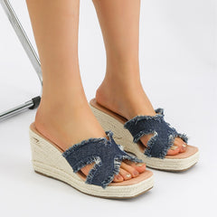 Bootara Women's Maren Frayed Denim Espadrille Wedge Slide Sandals – Coastal Platform Summer Shoes (US 4–10.5)