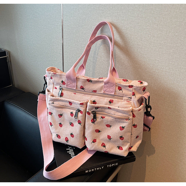 Bootara Women's Corduroy Cherry Print Tote Bag – Versatile Women's Strawberry Shoulder & Crossbody Large Capacity Mommy Bag