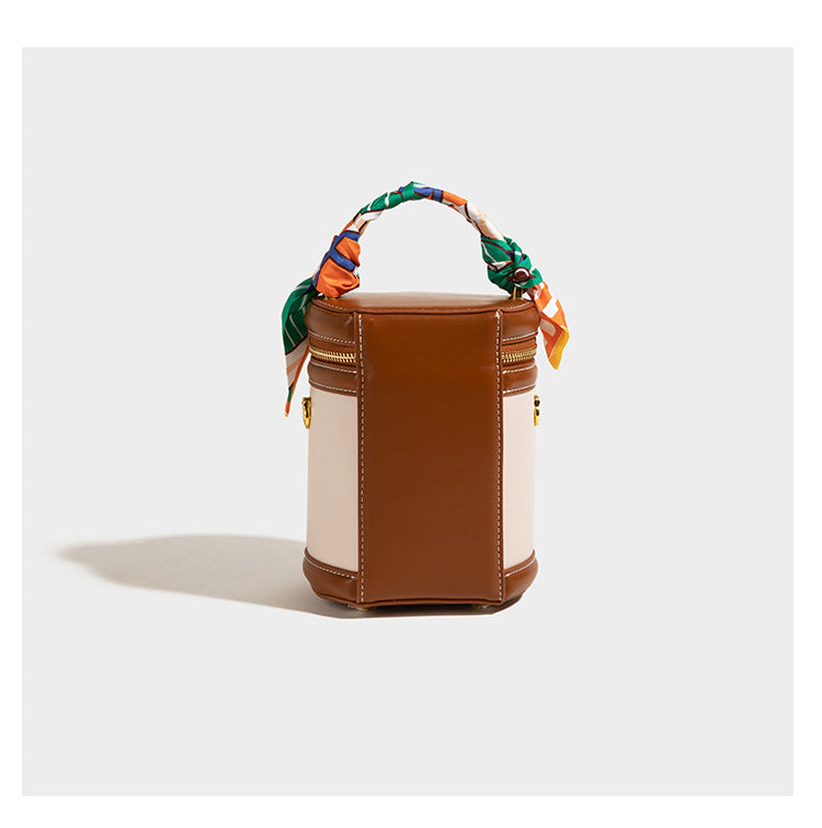 Bootara Women's Retro Color-Block Barrel Bag – Mini Cylinder Cosmetic Case with Detachable Silk Scarf & Chain Strap