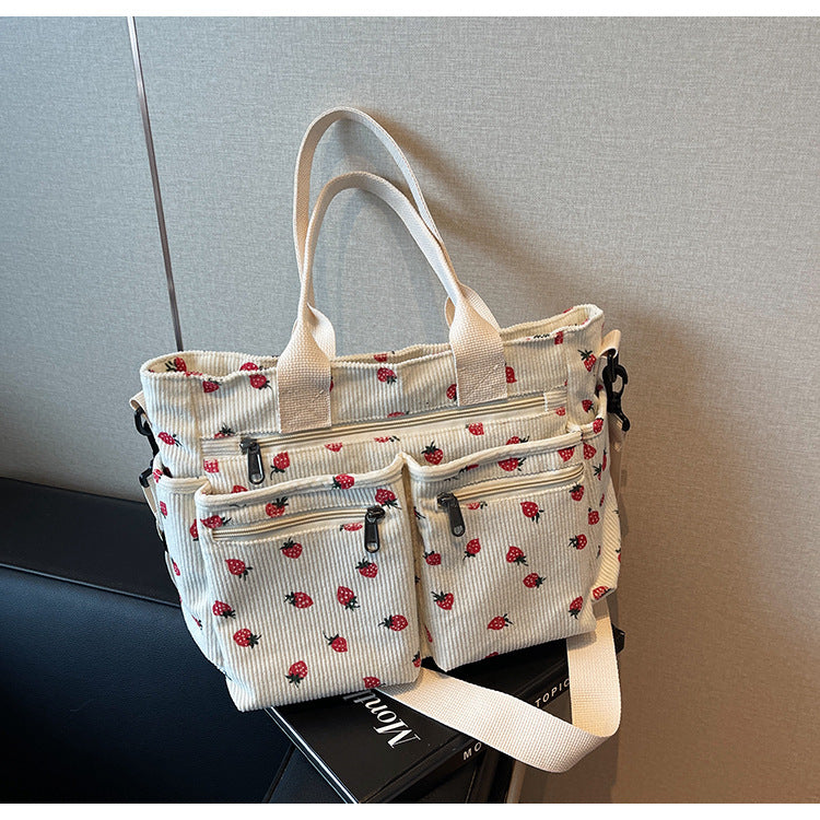 Bootara Women's Corduroy Cherry Print Tote Bag – Versatile Women's Strawberry Shoulder & Crossbody Large Capacity Mommy Bag