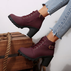 Bootara Women's Buckle Decorated Chunky Heel Ankle Boots - Side Zipper & Lace-Up Round Toe Mid-Calf Equestrian Boots (US 4-10)