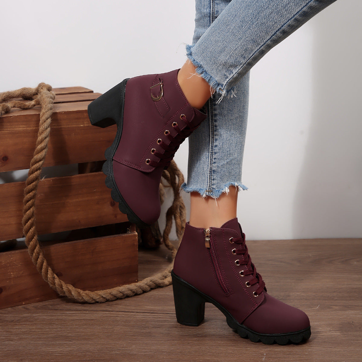 Bootara Women's Buckle Decorated Chunky Heel Ankle Boots - Side Zipper & Lace-Up Round Toe Mid-Calf Equestrian Boots (US 4-10)