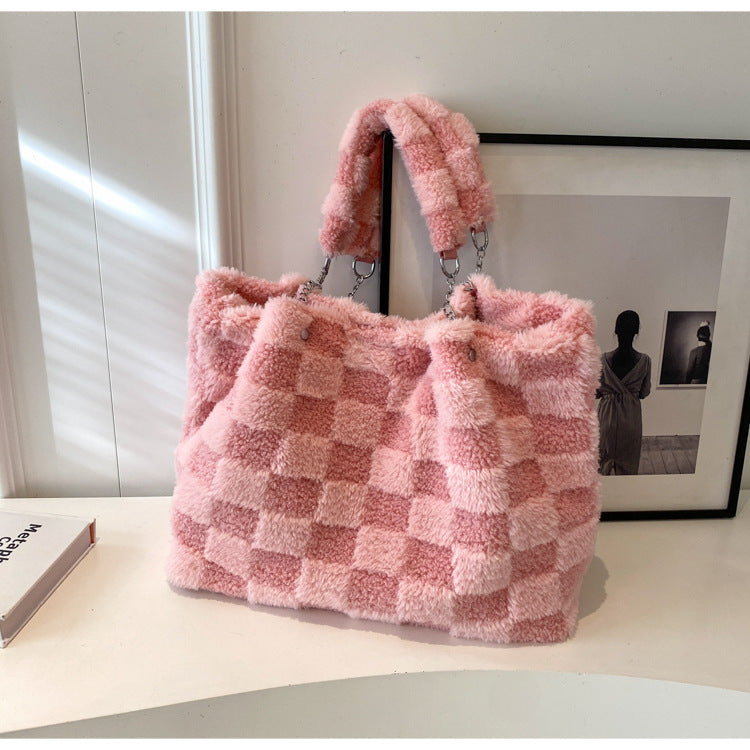 Bootara Women's Large-Capacity Plush Handbag | Trendy Quilted Chain Shoulder Bag with Patchwork Design
