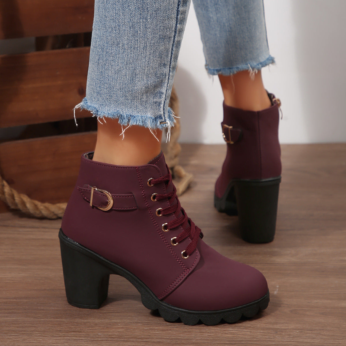 Bootara Women's Buckle Decorated Chunky Heel Ankle Boots - Side Zipper & Lace-Up Round Toe Mid-Calf Equestrian Boots (US 4-10)
