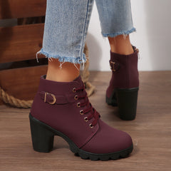 Bootara Women's Buckle Decorated Chunky Heel Ankle Boots - Side Zipper & Lace-Up Round Toe Mid-Calf Equestrian Boots (US 4-10)