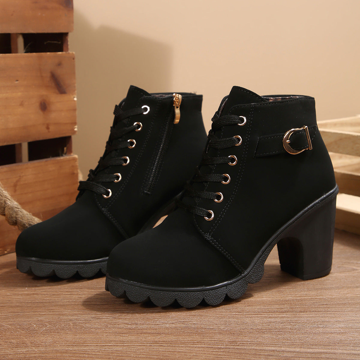 Bootara Women's Buckle Decorated Chunky Heel Ankle Boots - Side Zipper & Lace-Up Round Toe Mid-Calf Equestrian Boots (US 4-10)