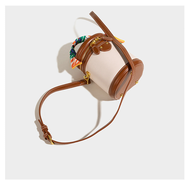 Bootara Women's Retro Color-Block Barrel Bag – Mini Cylinder Cosmetic Case with Detachable Silk Scarf & Chain Strap