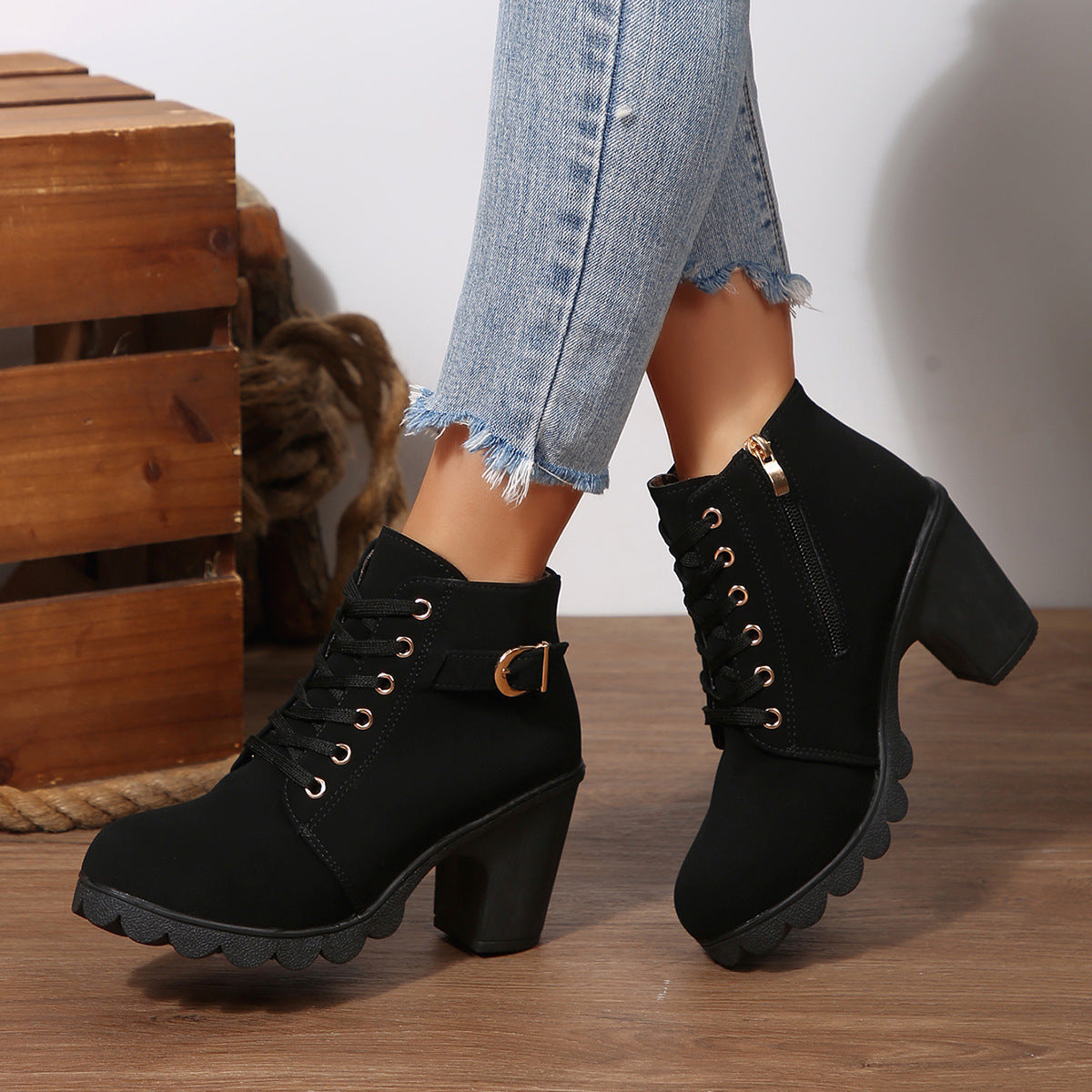 Bootara Women's Buckle Decorated Chunky Heel Ankle Boots - Side Zipper & Lace-Up Round Toe Mid-Calf Equestrian Boots (US 4-10)