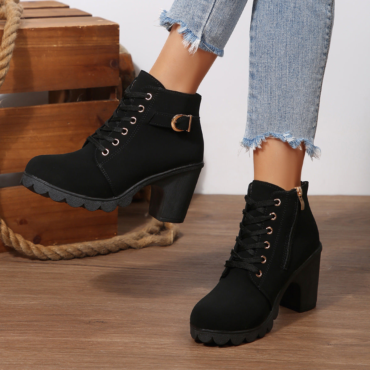 Bootara Women's Buckle Decorated Chunky Heel Ankle Boots - Side Zipper & Lace-Up Round Toe Mid-Calf Equestrian Boots (US 4-10)