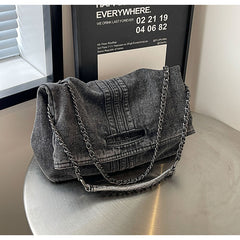 Bootara Women's Vintage Denim Tote Bag with Chain Strap – Structured Large-Capacity Crossbody & Shoulder Bag