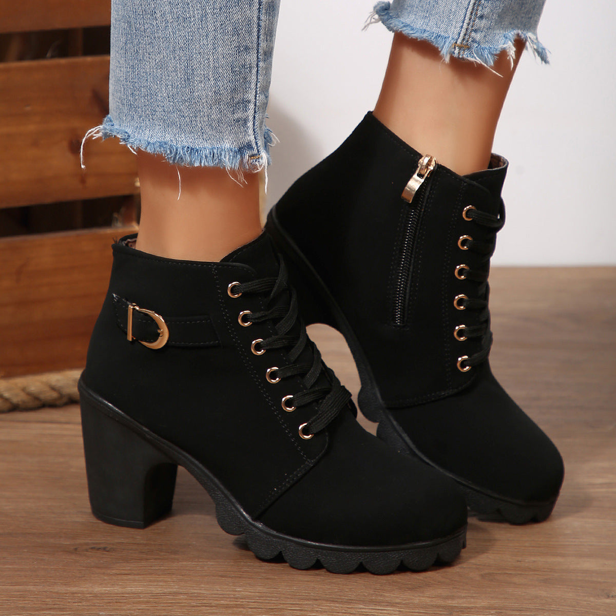 Bootara Women's Buckle Decorated Chunky Heel Ankle Boots - Side Zipper & Lace-Up Round Toe Mid-Calf Equestrian Boots (US 4-10)