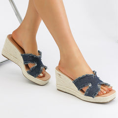 Bootara Women's Maren Frayed Denim Espadrille Wedge Slide Sandals – Coastal Platform Summer Shoes (US 4–10.5)
