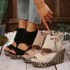 Bootara Women's Plus Size Artisan-Crafted Tassel Cork Wedge Sandals – Fishmouth Design with Non-Slip Sole