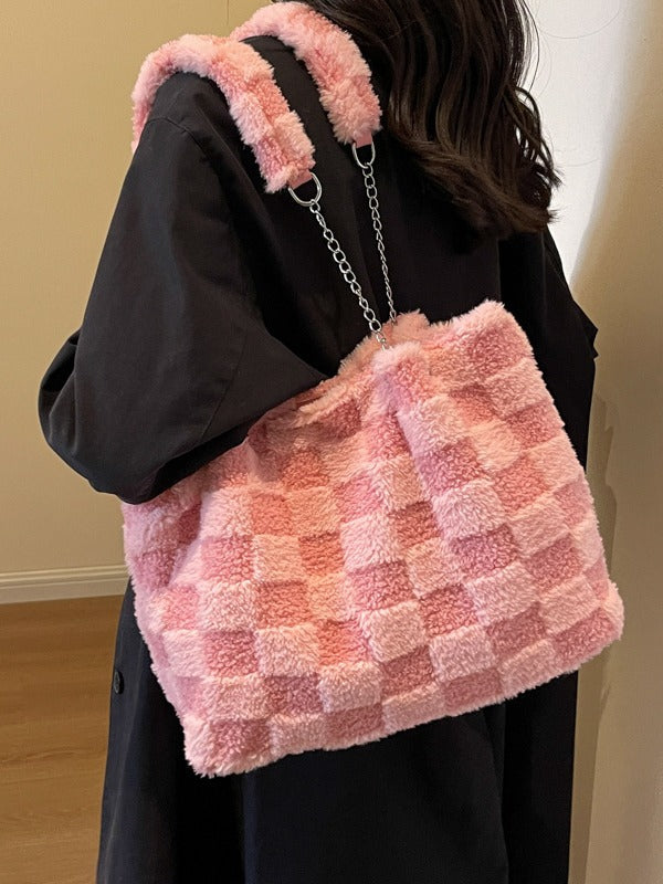 Bootara Women's Large-Capacity Plush Handbag | Trendy Quilted Chain Shoulder Bag with Patchwork Design