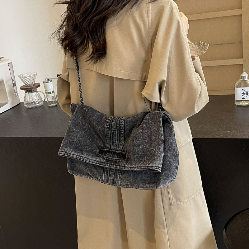Bootara Women's Vintage Denim Tote Bag with Chain Strap – Structured Large-Capacity Crossbody & Shoulder Bag
