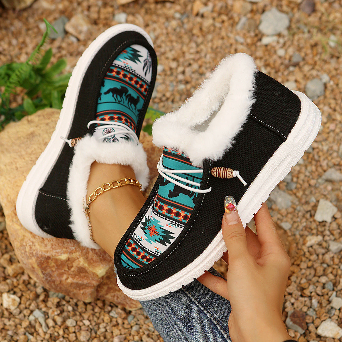 Bootara Women's Folklore Plush Flat Boots - Ethnic Print Lace-Up Winter Snow Shoes with Cozy Fleece Lining- US(5-10.5)