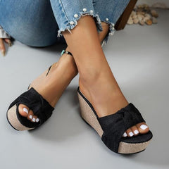 Bootara Women's Celeste Bow Peep-Toe Wedge Slide Sandals – Elegant Roman Summer Slides (US 4–10.5)