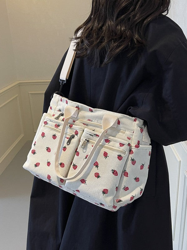 Bootara Women's Corduroy Cherry Print Tote Bag – Versatile Women's Strawberry Shoulder & Crossbody Large Capacity Mommy Bag